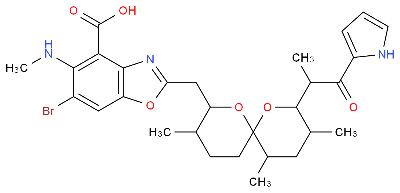 6-bromo-5-(methylamino)-2-({3,9,11-trimethyl-8-[1-oxo-1-(1H-pyrrol-2-yl)propan-2-yl]-1,7-dioxaspiro[5.5]undecan-2-yl}methyl)-1,3-benzoxazole-4-carboxylic acid_分子结构_CAS_76455-82-8