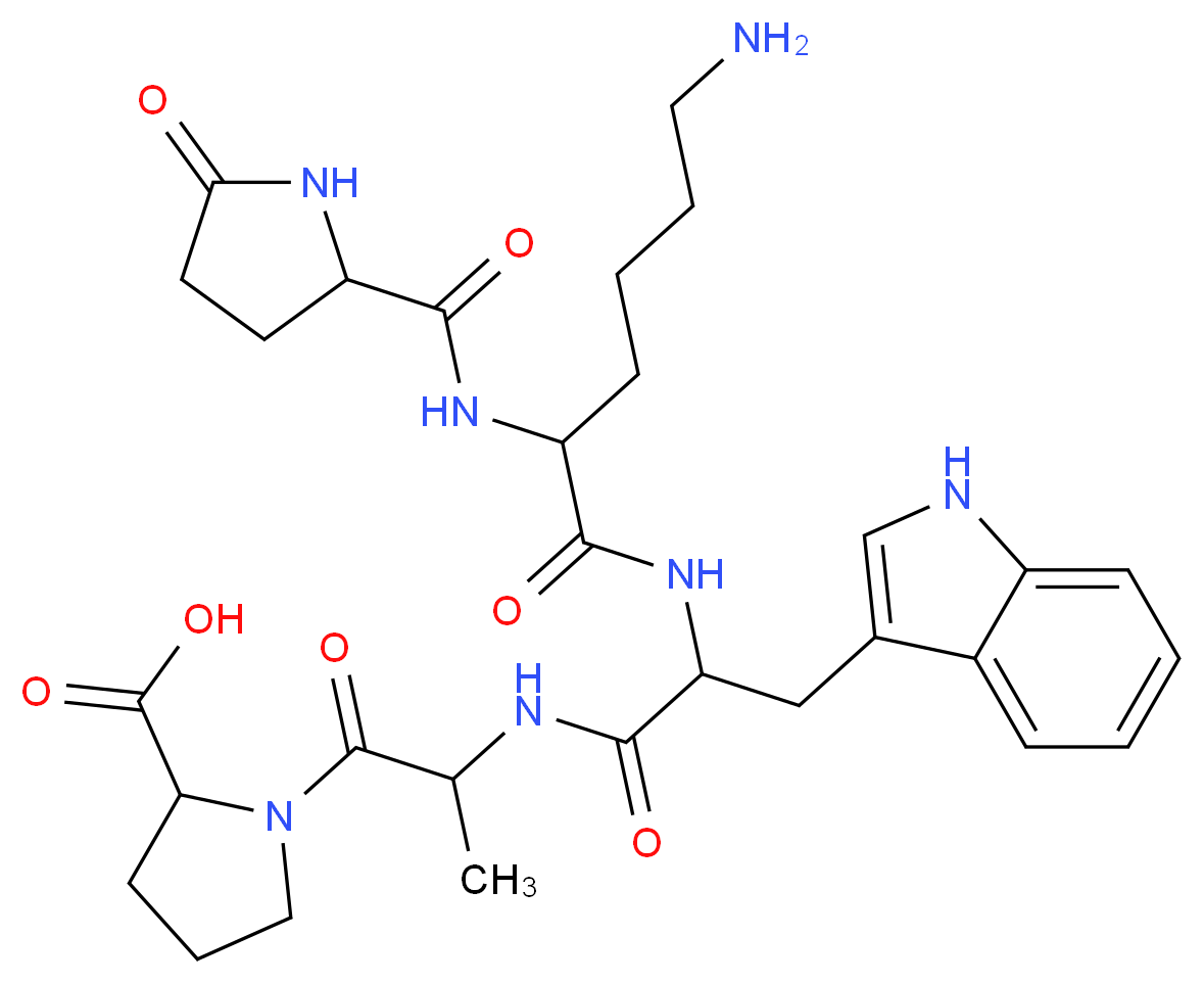 1-[2-(2-{6-amino-2-[(5-oxopyrrolidin-2-yl)formamido]hexanamido}-3-(1H-indol-3-yl)propanamido)propanoyl]pyrrolidine-2-carboxylic acid_分子结构_CAS_30505-63-6